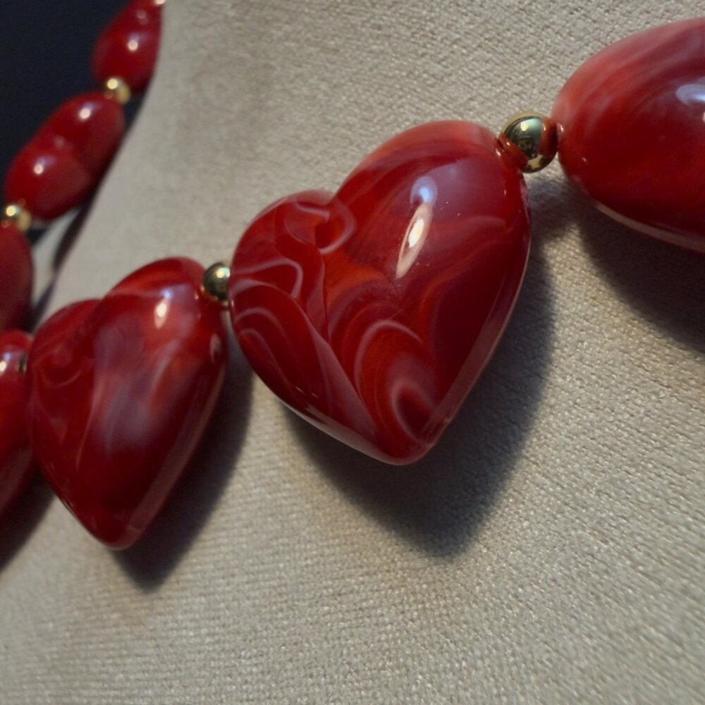 Cherry Necklace Red Heart Bead Statement Necklace Gold Tone Drop - Picture 4 of 11